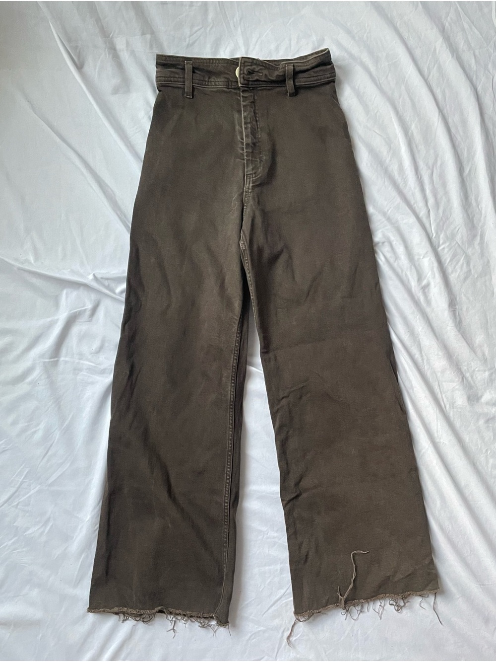 Woman’s High-Waisted Wide-Leg Dark Brown Distressed Denim Jean Pants